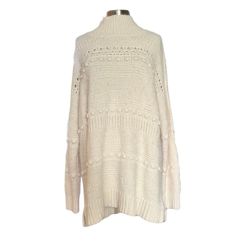 Lou & Grey Oversized Mock Neck Knit Sweater Long White Cream XL